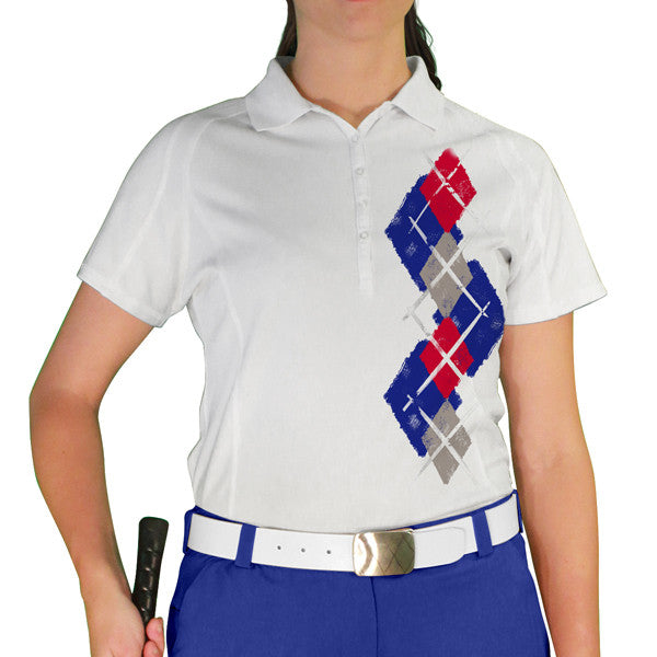 Golf Knickers: Ladies Argyle Paradise Golf Shirt - Royal/Taupe/Red