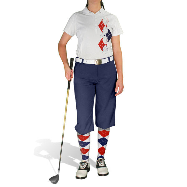 Golf Knickers: Ladies Argyle Paradise Golf Shirt - White/Navy/Red