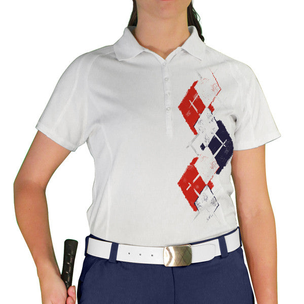 Golf Knickers: Ladies Argyle Paradise Golf Shirt - White/Navy/Red