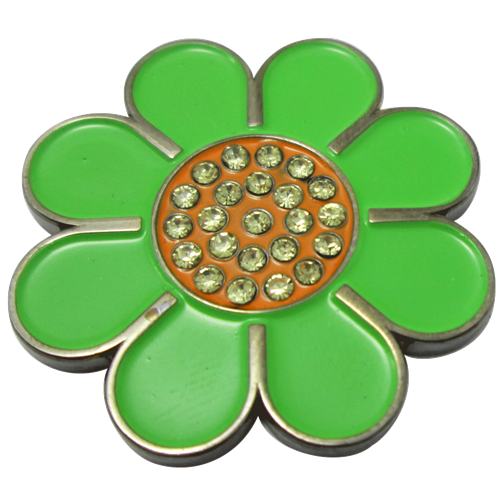 ReadyGolf: Hippie Flower Ball Marker & Hat Clip with Crystals - Green with Orange