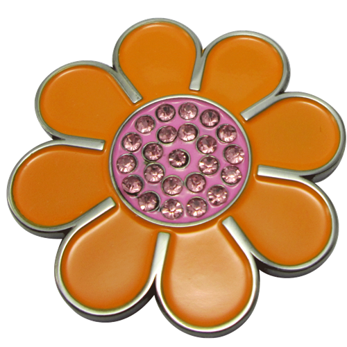 ReadyGolf: Hippie Flower Ball Marker & Hat Clip with Crystals - Orange with Pink