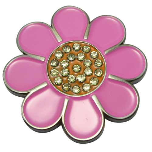 ReadyGolf: Hippie Flower Ball Marker & Hat Clip with Crystals - Pink with Orange