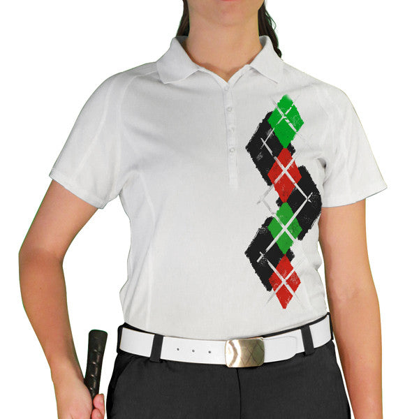 Golf Knickers: Ladies Argyle Paradise Golf Shirt - Black/Red/Lime