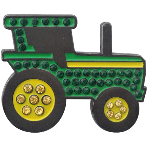 ReadyGolf: Green Tractor Ball Marker & Hat Clip with Crystals