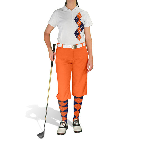 Golf Knickers: Ladies Argyle Paradise Golf Shirt - Navy/Orange