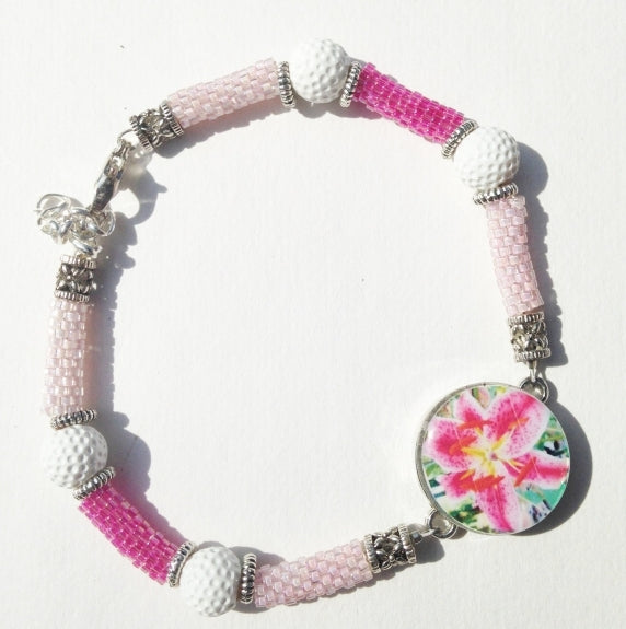 One Putt Designs - Hand Bead Pink Delica Peyote Tubes with White Golf Balls Ball Marker Ankle Bracelet