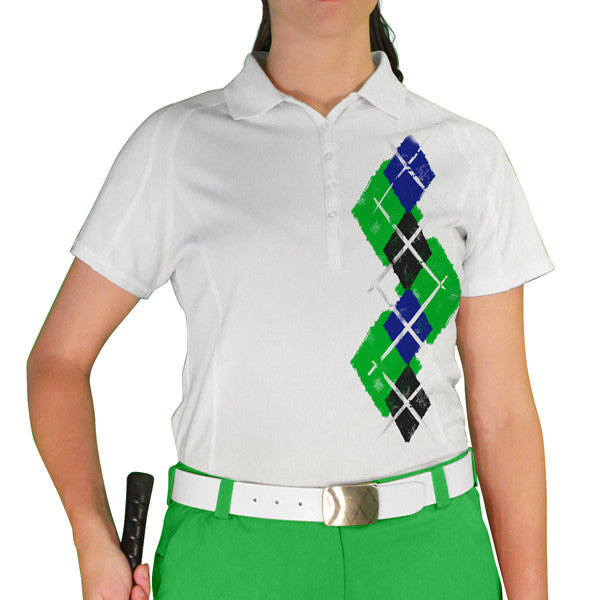 Golf Knickers: Ladies Argyle Paradise Golf Shirt - Lime/Black/Royal