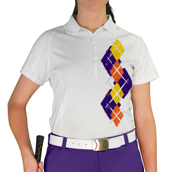 Golf Knickers: Ladies Argyle Paradise Golf Shirt - Purple/Orange/Yellow