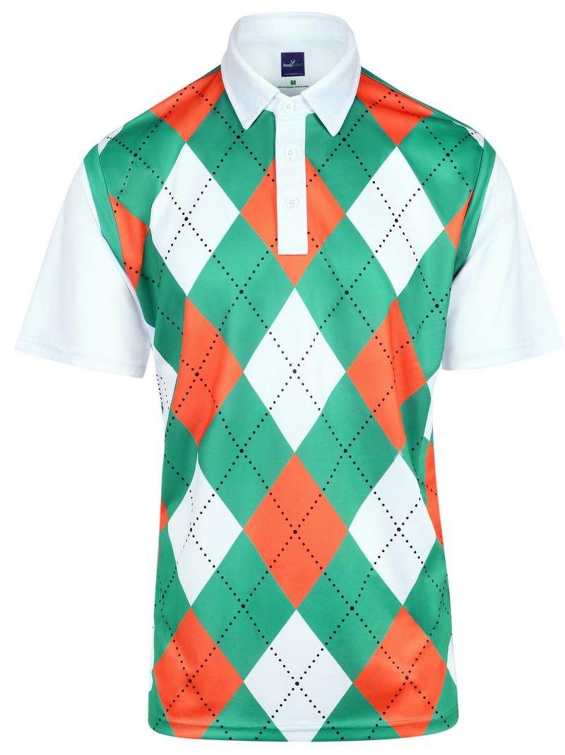 Classic Argyle Mens Golf Polo Shirt - Green, Orange, White by ReadyGOLF