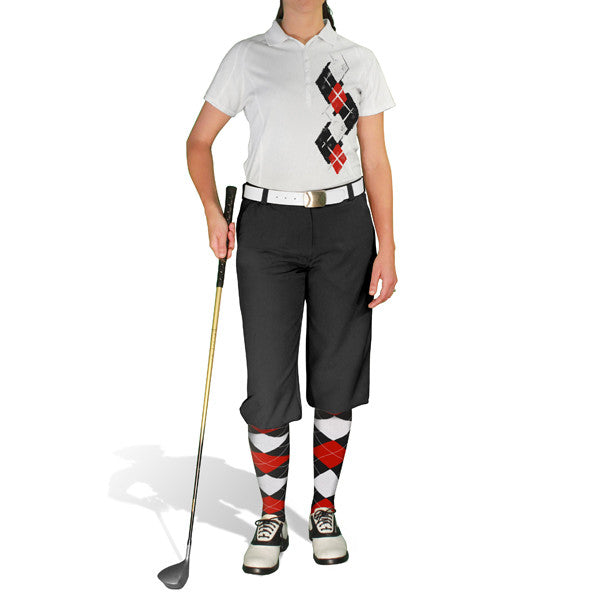 Golf Knickers: Ladies Argyle Paradise Golf Shirt - Black/Red/White