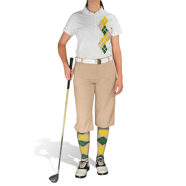 Golf Knickers: Ladies Argyle Paradise Golf Shirt - Khaki/Dark Green/Yellow