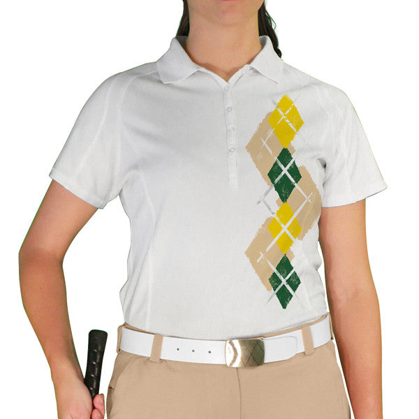 Golf Knickers: Ladies Argyle Paradise Golf Shirt - Khaki/Dark Green/Yellow
