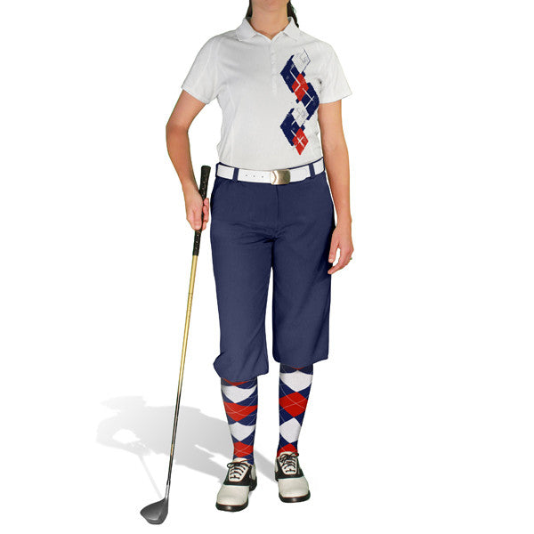 Golf Knickers: Ladies Argyle Paradise Golf Shirt - Navy/Red/White