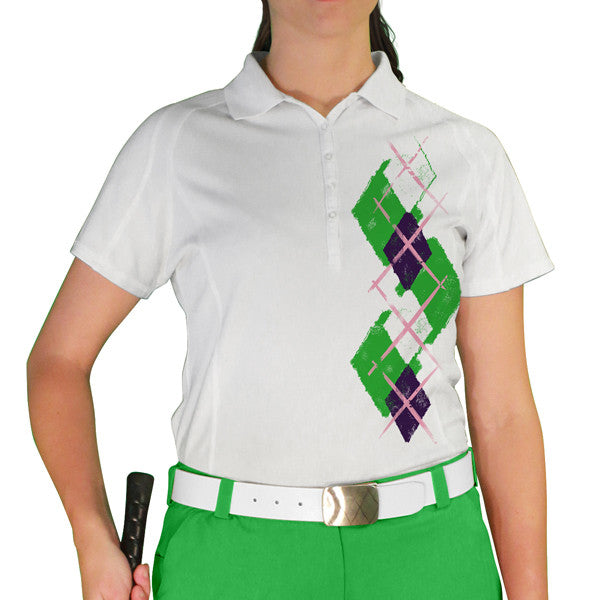 Golf Knickers: Ladies Argyle Paradise Golf Shirt - Lime/Purple/White