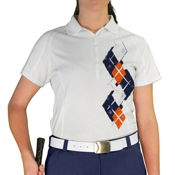 Golf Knickers: Ladies Argyle Paradise Golf Shirt - Navy/Orange/White
