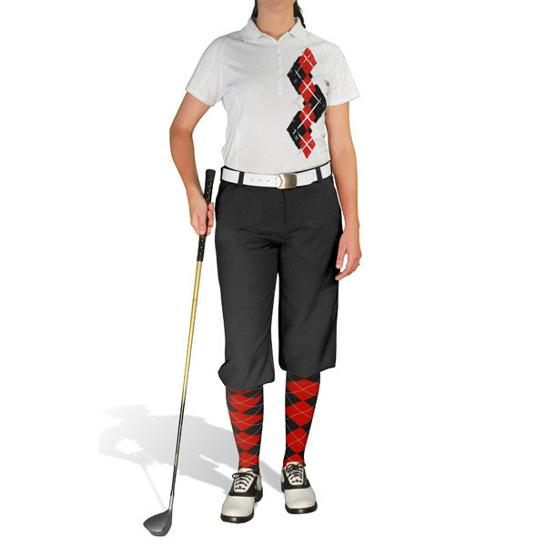 Golf Knickers: Ladies Argyle Paradise Golf Shirt - Black/Red