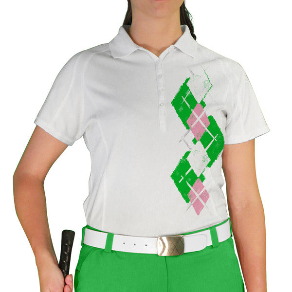 Golf Knickers: Ladies Argyle Paradise Golf Shirt - Lime/Pink/Black