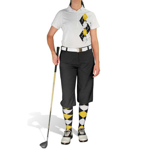 Golf Knickers: Ladies Argyle Paradise Golf Shirt - Black/Yellow/White
