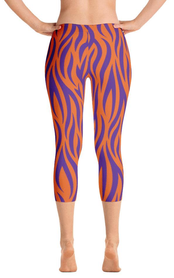 ReadyGOLF: Orange & Purple Tiger Stripes Women's Capri Leggings