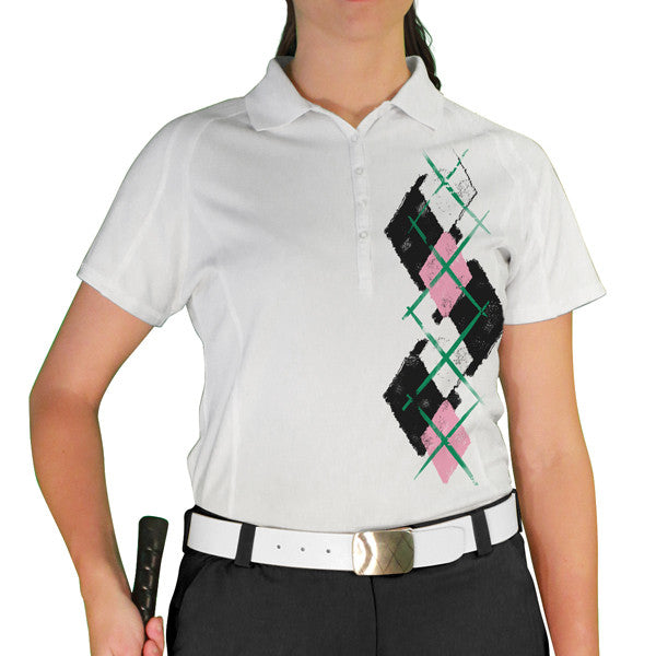 Golf Knickers: Ladies Argyle Paradise Golf Shirt - Black/Pink/White