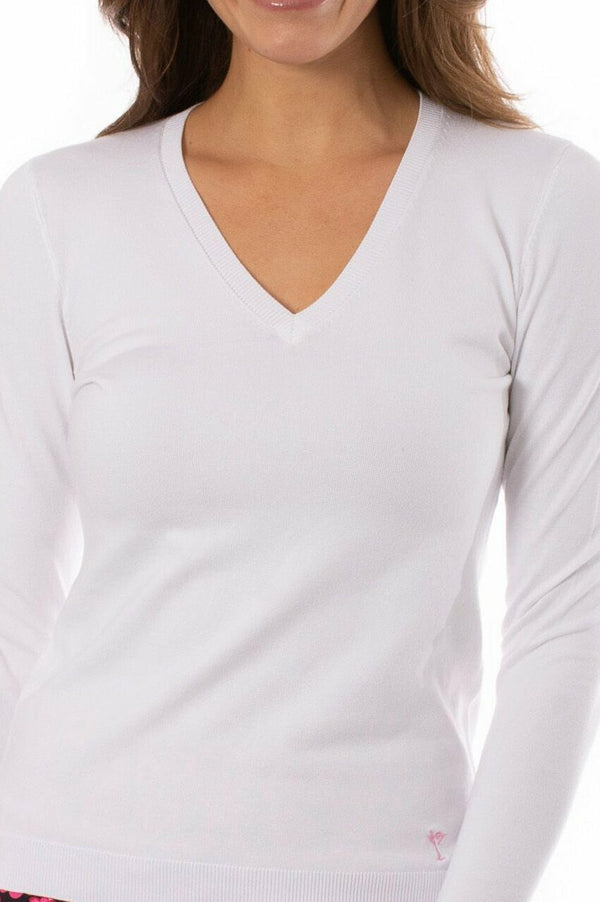 Golftini: Women's Long Sleeve V-Neck Sweater - White