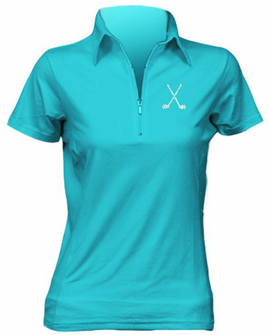 Titania Golf: Women's Golf Polo - Aqua Crossed Clubs (Large)