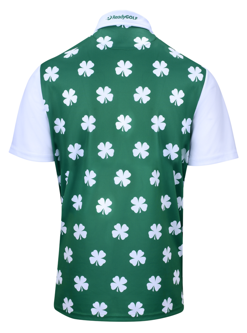 Four Leaf Clover White/Green Mens Golf Polo Shirt | ReadyGOLF Large Four Leaf Clover White/Green Mens Golf Polo Shirt | ReadyGOLF Large
