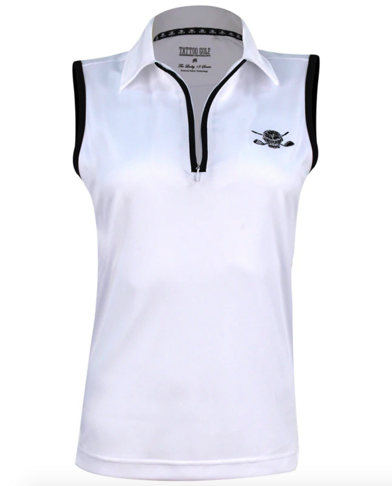 Tattoo Golf: Women's Sleeveless Lucky 13 ProCool Golf Shirt - White/Black