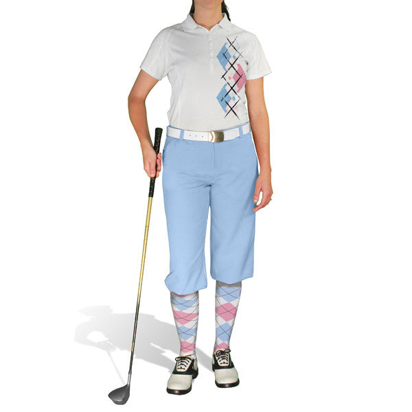 Golf Knickers: Ladies Argyle Paradise Golf Shirt - White/Pink/Light Blue