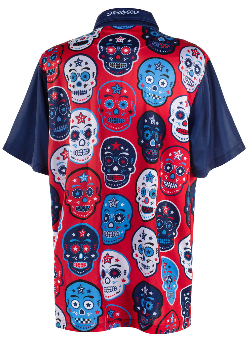 USA Sugar Skulls Mens Golf Polo Shirt by ReadyGOLF