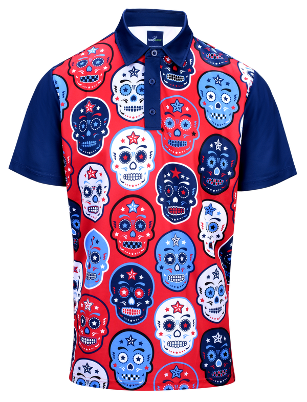 USA Sugar Skulls Mens Golf Polo Shirt by ReadyGOLF