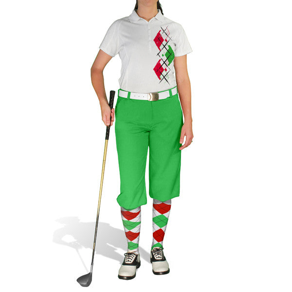 Golf Knickers: Ladies Argyle Paradise Golf Shirt - White/Lime/Red