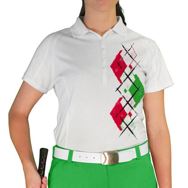 Golf Knickers: Ladies Argyle Paradise Golf Shirt - White/Lime/Red