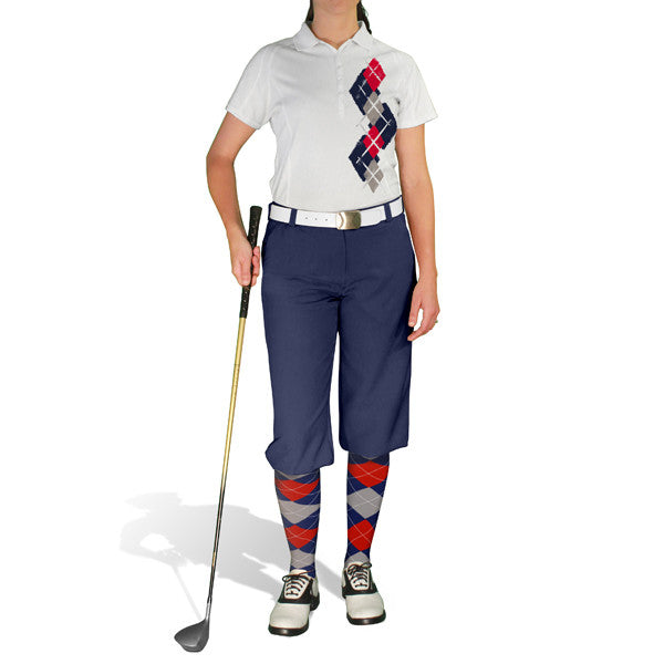 Golf Knickers: Ladies Argyle Paradise Golf Shirt - Navy/Taupe/Red