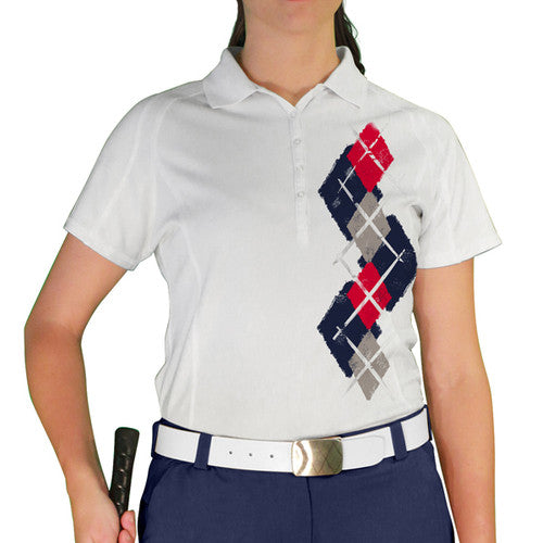 Golf Knickers: Ladies Argyle Paradise Golf Shirt - Navy/Taupe/Red