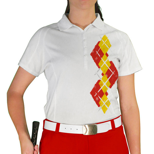 Golf Knickers: Ladies Argyle Paradise Golf Shirt - Red/Yellow