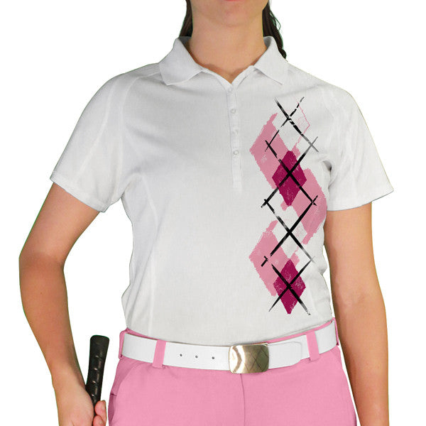 Golf Knickers: Ladies Argyle Paradise Golf Shirt - Pink/Maroon/White