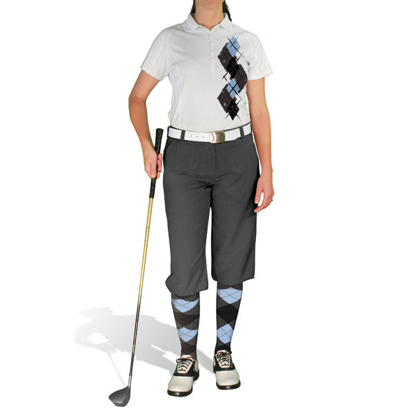 Golf Knickers: Ladies Argyle Paradise Golf Shirt - Charcoal/Black/Light Blue