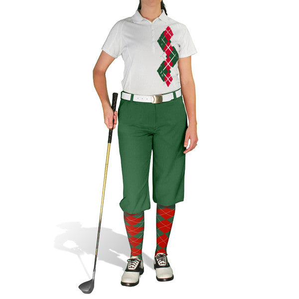Golf Knickers: Ladies Argyle Paradise Golf Shirt - Dark Green/Red