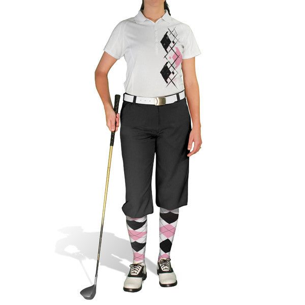 Golf Knickers: Ladies Argyle Paradise Golf Shirt - White/Pink/Black