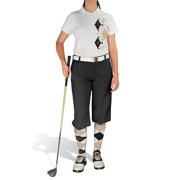 Golf Knickers: Ladies Argyle Paradise Golf Shirt - White/Black/Khaki