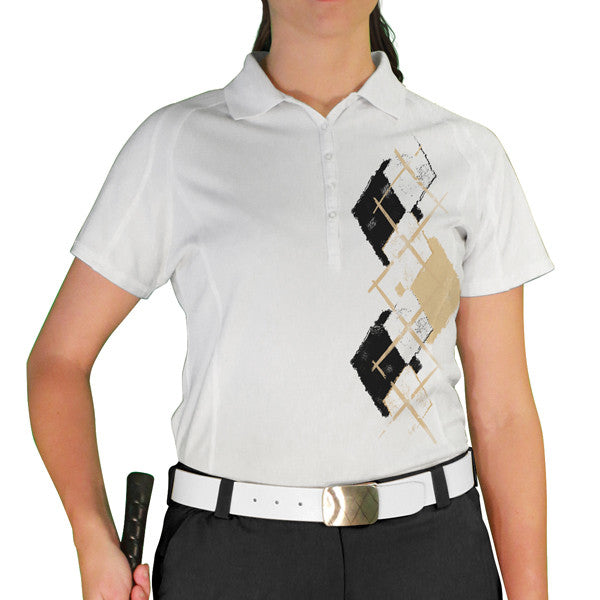 Golf Knickers: Ladies Argyle Paradise Golf Shirt - White/Black/Khaki