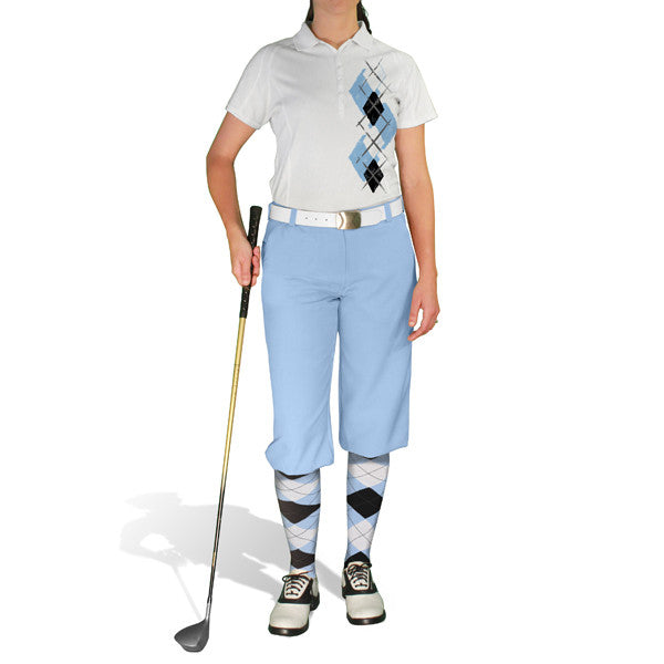 Golf Knickers: Ladies Argyle Paradise Golf Shirt - Light Blue/Black/White