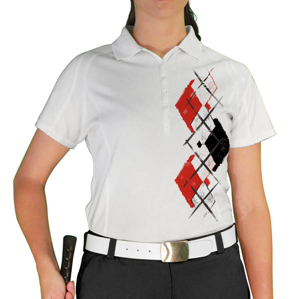 Golf Knickers: Ladies Argyle Paradise Golf Shirt - White/Black/Red