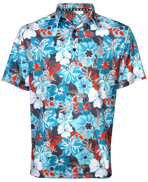 Tattoo Golf: Men's Hawaiian Golf Shirt - Aloha II (Teal/Orange)