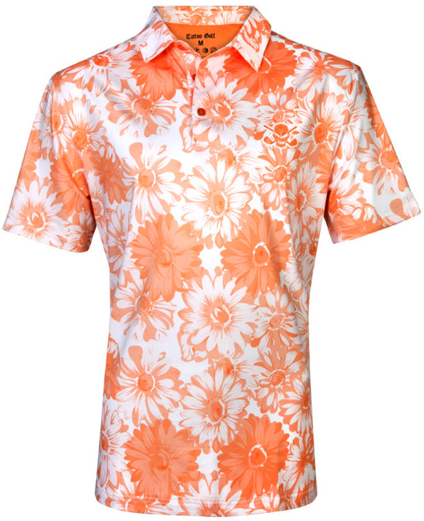 Tattoo Golf: Men's Aloha Cool-Stretch Golf Shirt - Orange/White