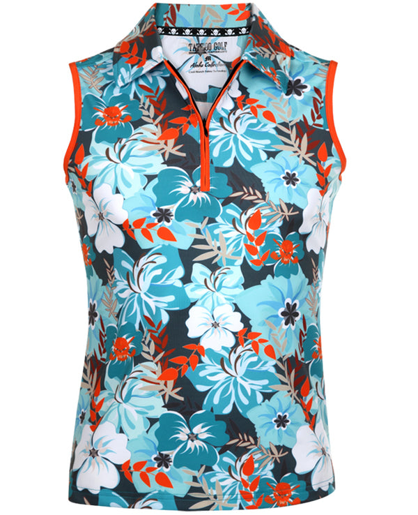 Tattoo Golf: Women's Sleeveless Aloha Cool-Stretch Golf Shirt - Teal/Orange