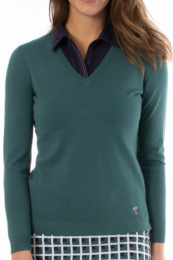 Golftini Women's Forest Green Long Sleeve V-Neck Sweater (Size X-Large) SALE