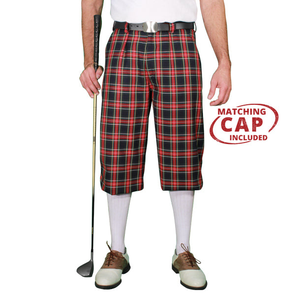 navy, maroon, and white plaid golf knicker