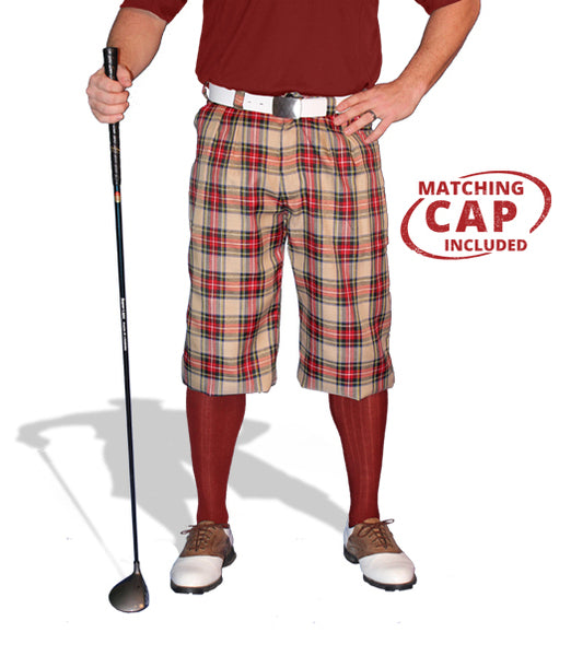 khaki, red, and black plaid golf knickers
